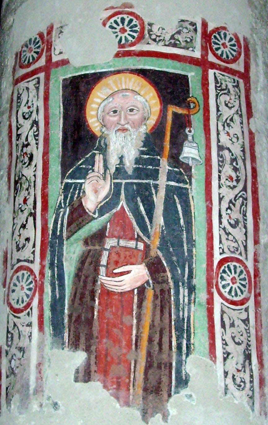 Fresco of Saint Columbanus on a column at Brugnato Cathedral in Italy