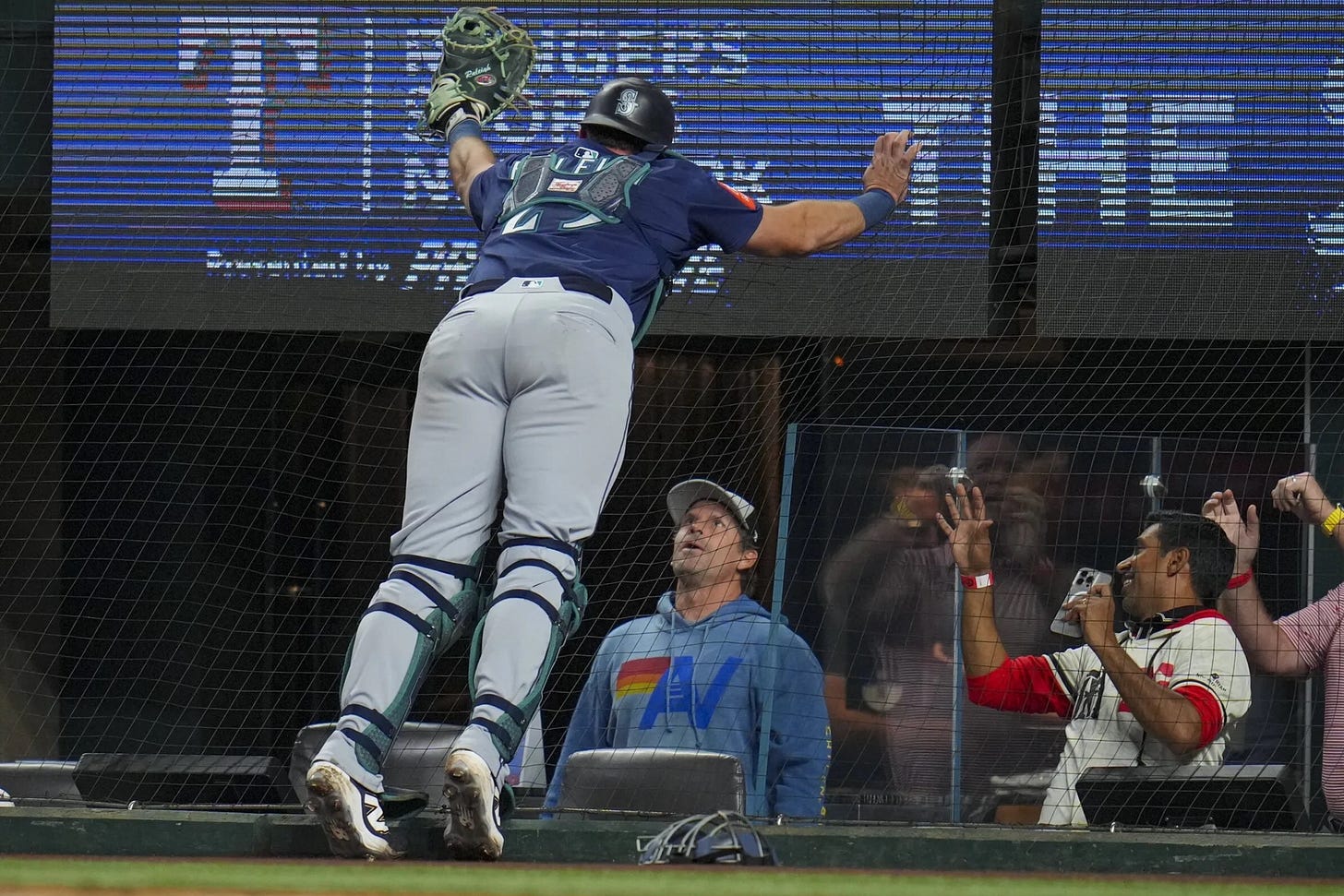 a picture of cal raleigh falling into the netting and a fan staring up at him in awe on the other side