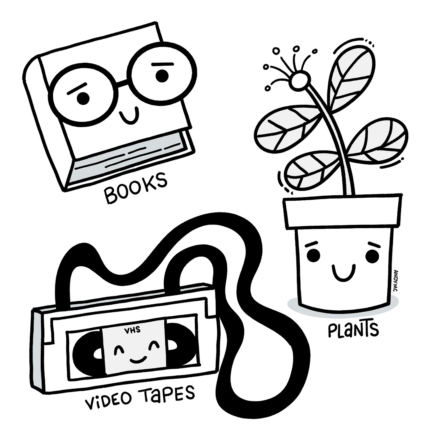 a cartoon illustration of a potted plant, book, and VHS tape.