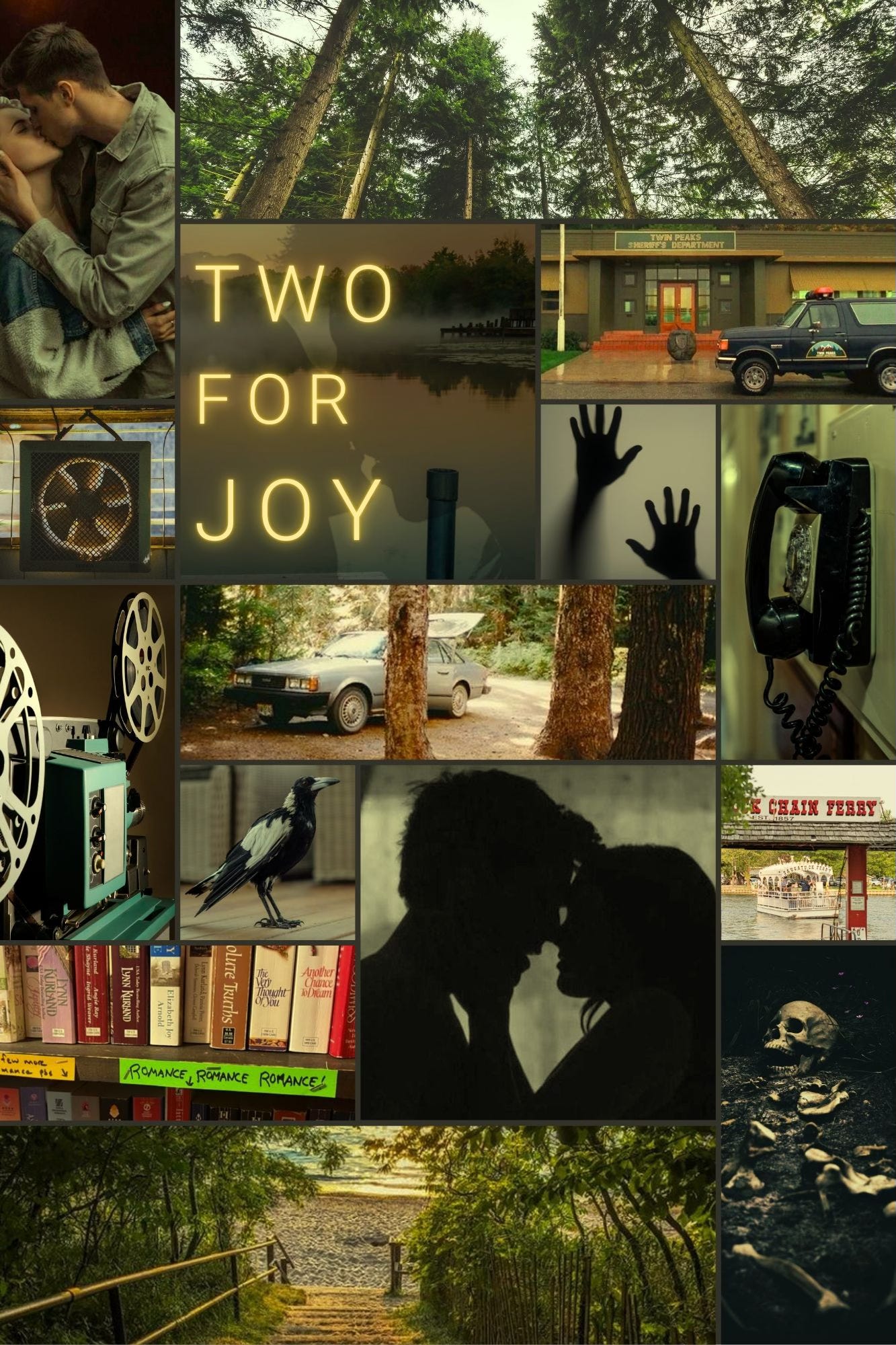 A moodboard for Two For Joy that features green/yellow-toned images of pine trees, a police station, a fan blowing, a movie projector, a rotary telephone, a magpie, a chain ferry, a buried skeleton, and some kissy images of couples. It’s meant to evoke a hot, sticky summer vibe.
