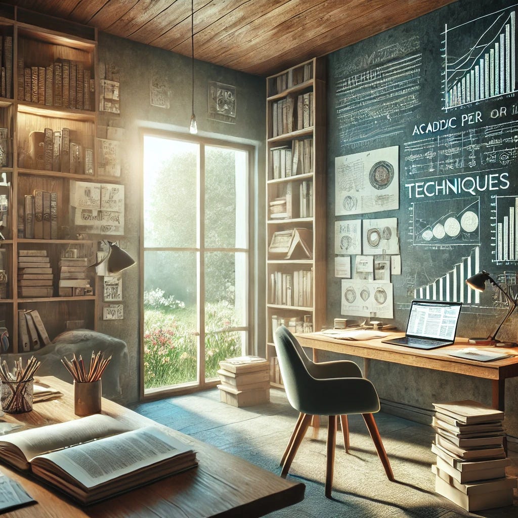 An artistic representation of a modern study environment for an article discussing academic paper on prompting techniques. The image features a cozy, well-lit room with a large wooden desk covered with academic papers, a laptop open displaying graphs, and a stack of books. A chalkboard on the wall has various written notes and diagrams about prompting techniques. The setting includes a window with a view of a peaceful garden outside, and a comfortable chair. The overall mood is serene and scholarly, inviting deep thought and study.