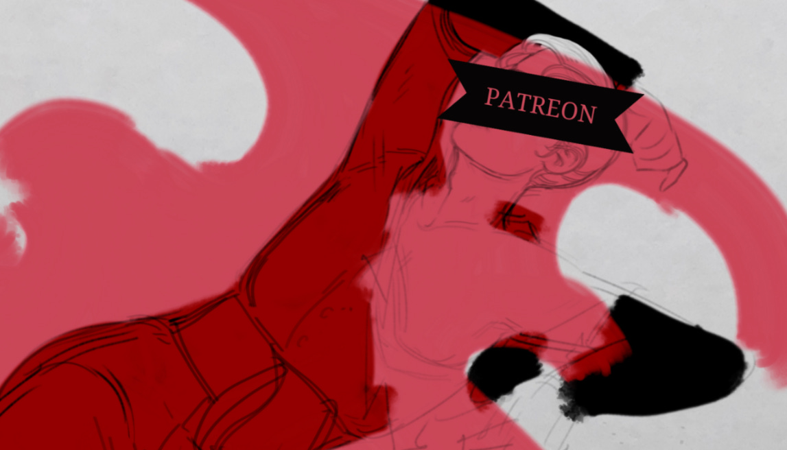 Cropped preview of digital art. Swooning, waifish Catholic priest with breast of cassock ripped open. Marks of vampire bite on neck. Banner across face reads "PATREON".