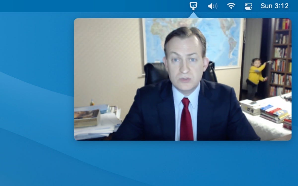Screenshot of the menu bar with Hand Mirror open, showing a camera view but instead is a screengrab of the BBC kid clip. Rafa is funny he swears.