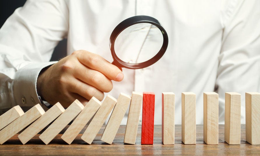 Assessing risk at falling dominos by looking for where to stoop the reaction