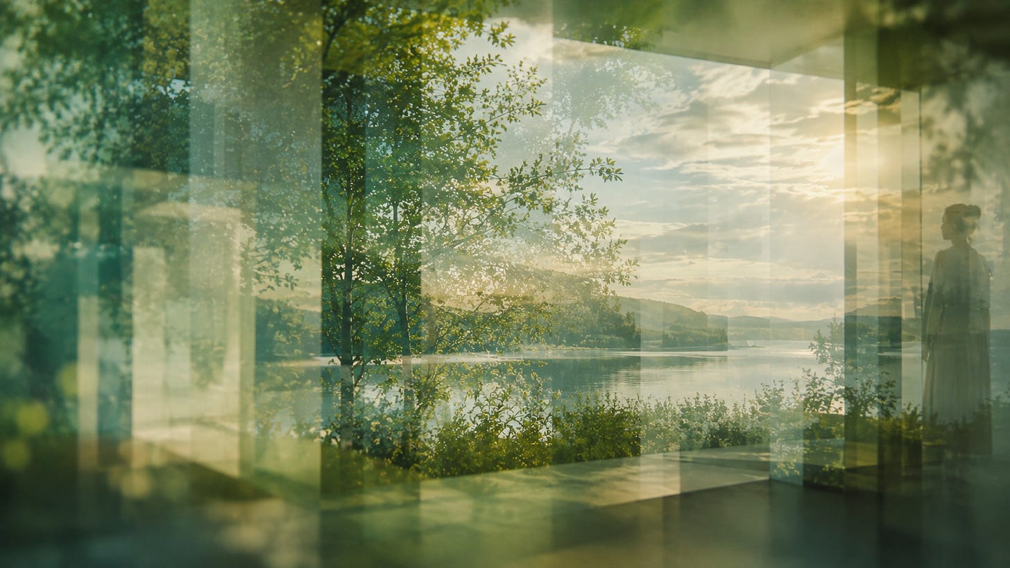 A woman seen through layered green reflections and glass, with trees and water in the background.