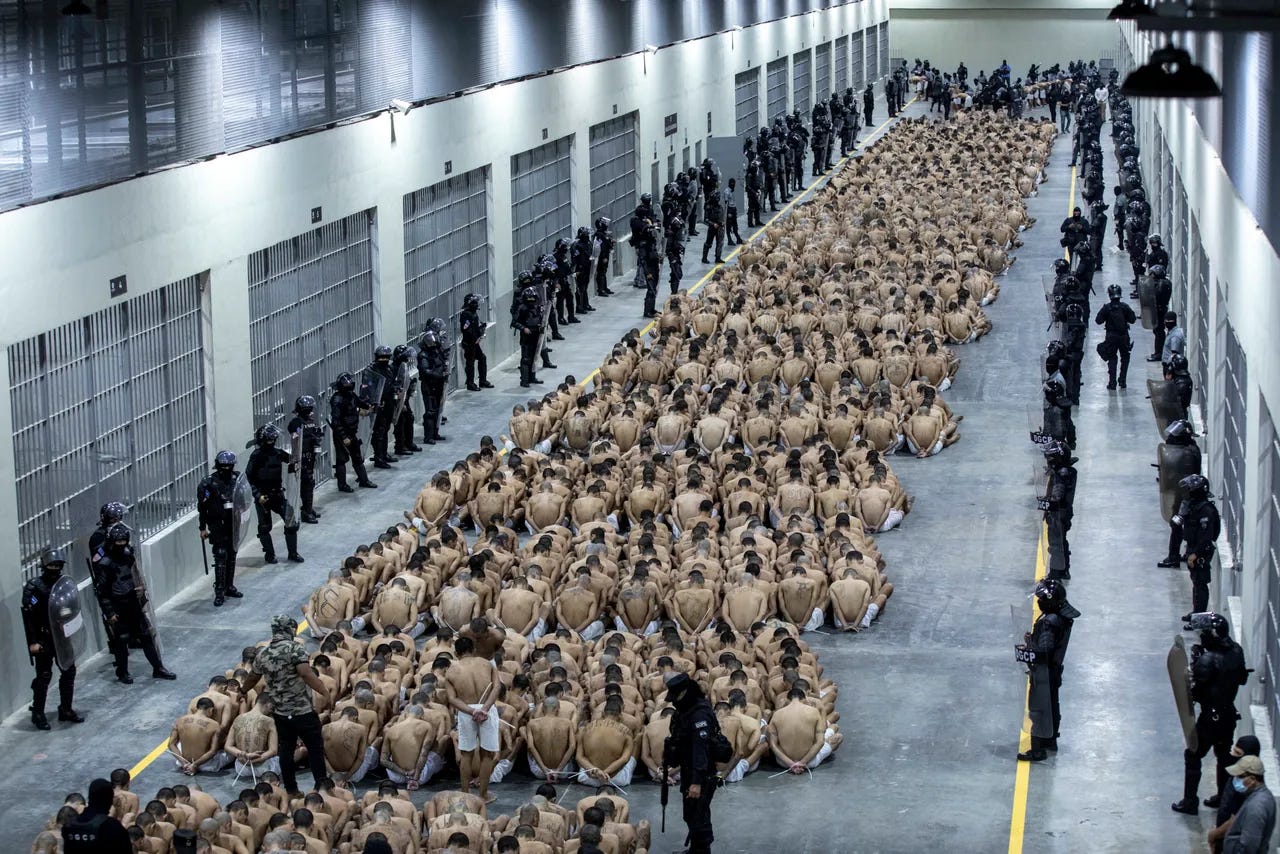 TECOLUCA, EL SALVADOR - MARCH 15: A second group of 2,000 detainees are moved to the mega-prison Terrorist Confinement Centre (CECOT)on March 15, 2023 in Tecoluca, El Salvador. (Photo by Handout/Presidencia El Salvador via Getty Images )