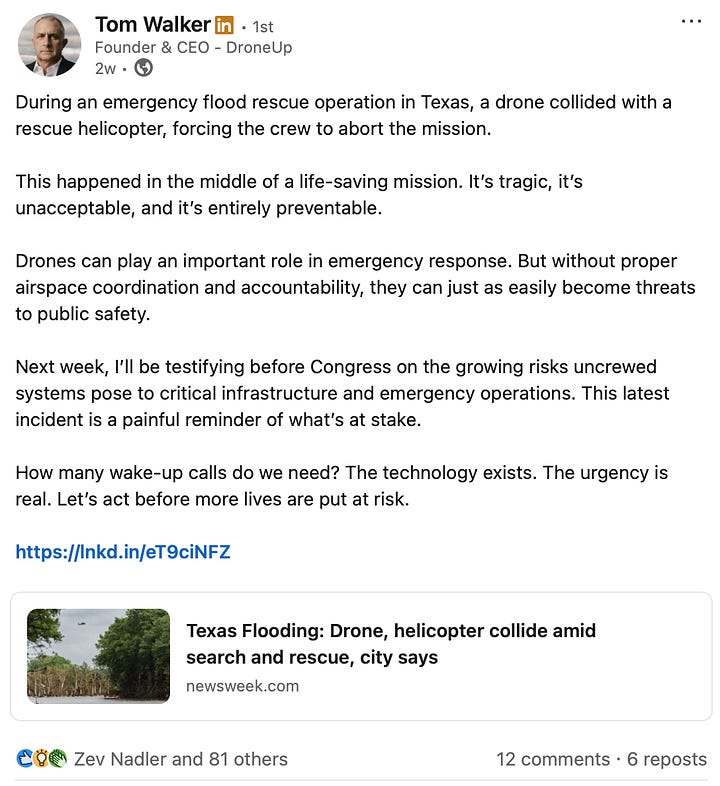 Screenshots of social media posts by officials and industry figures—including Kerr County spokesperson Jonathan Lamb, Skydio executive John Santry, AUVSI President Michael Robbins, DroneUp CEO Tom Walker, and others—amplifying the claim that a private drone collided with a National Guard helicopter in Kerrville, Texas. No pilot was named, and later sources confirmed the drone was law enforcement-operated.