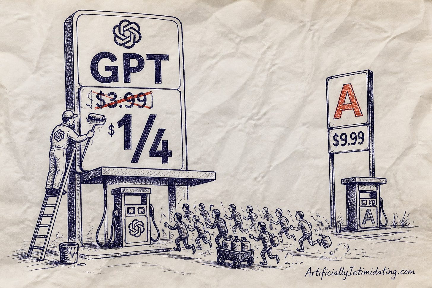Editorial cartoon: a gas-station price sign under an OpenAI logo slashes the GPT price to one-quarter as a crowd rushes past a pricier rival sign marked A.