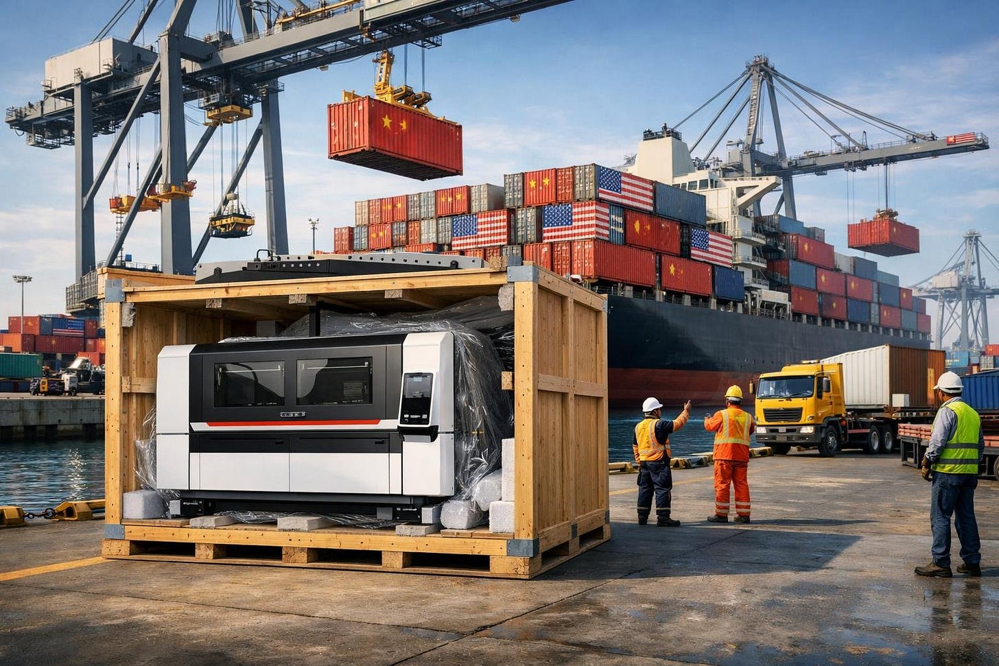A laser cutting machine packed in a crate at a busy shipping port being loaded onto a cargo ship, representing shipment from China to the USA. A laser cutting machine packed in a crate at a busy shipping port being loaded onto a cargo ship, representing shipment from China to the USA.