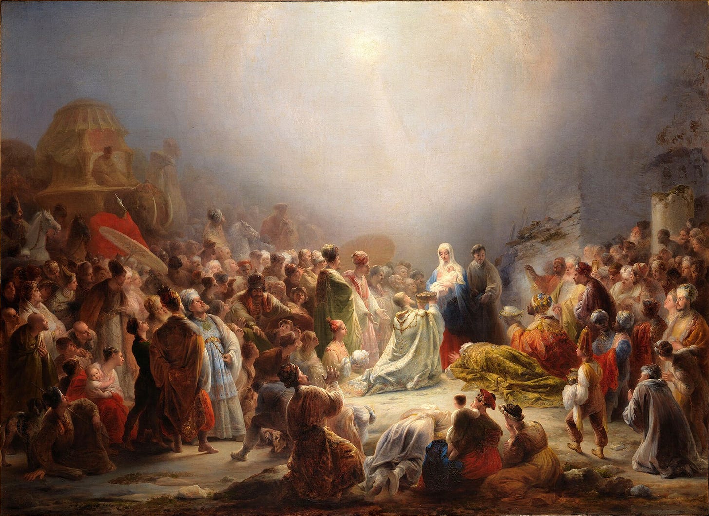 A dark, misty night scene: a pale light from the sky falls on the Virgin and Child at the center, while the kings and a long crowd of followers fade into shadow on both sides.