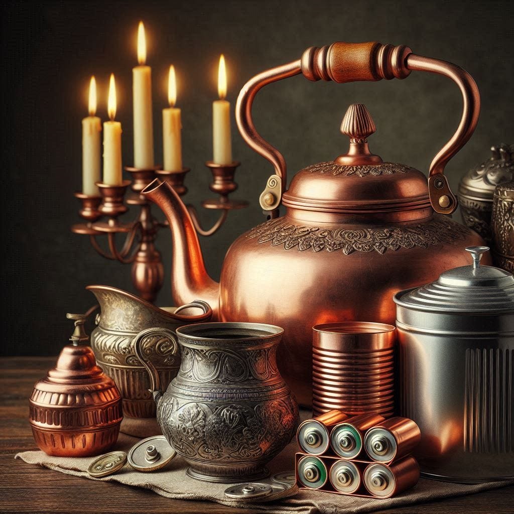 copper kettle, tin can, silver candlestick and zinc batteries copper kettle, tin can, silver candlestick and zinc batteries