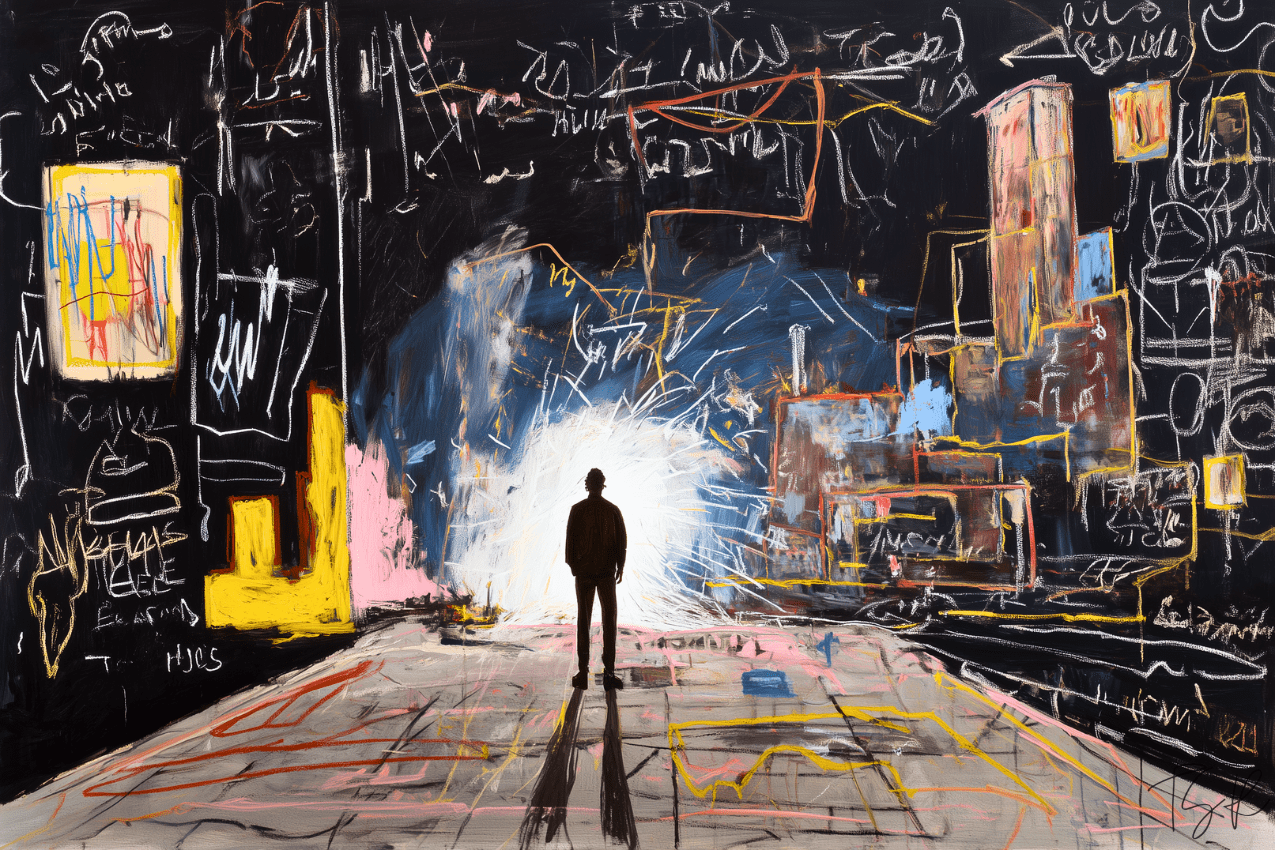 Silhouette of a man inside an industrial factory at night, facing welding sparks and bright white light. Dark interior with colorful abstract marks across the walls.