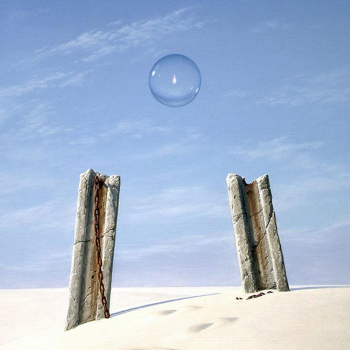 LEFT: Foreground detail of BROKEN CHAIN featuring a red glass heart tied on a silk string and discarded among deeply shadowed footprints left in white sand that lead between stone columns angling in toward each other. The slope is uneven, higher on the right, so the viewer has a sense of trudging uphill. On the left column a rusted chain dangles to the sand. Disconnected chain lies in the sand in front of the right column. RIGHT: Detail of BROKEN CHAIN featuring a single flame contained in a transparent sphere floating against blue sky with the barest wisps of clouds. Below, two broken columns tilt inward framing the sphere with the implied lines they project.