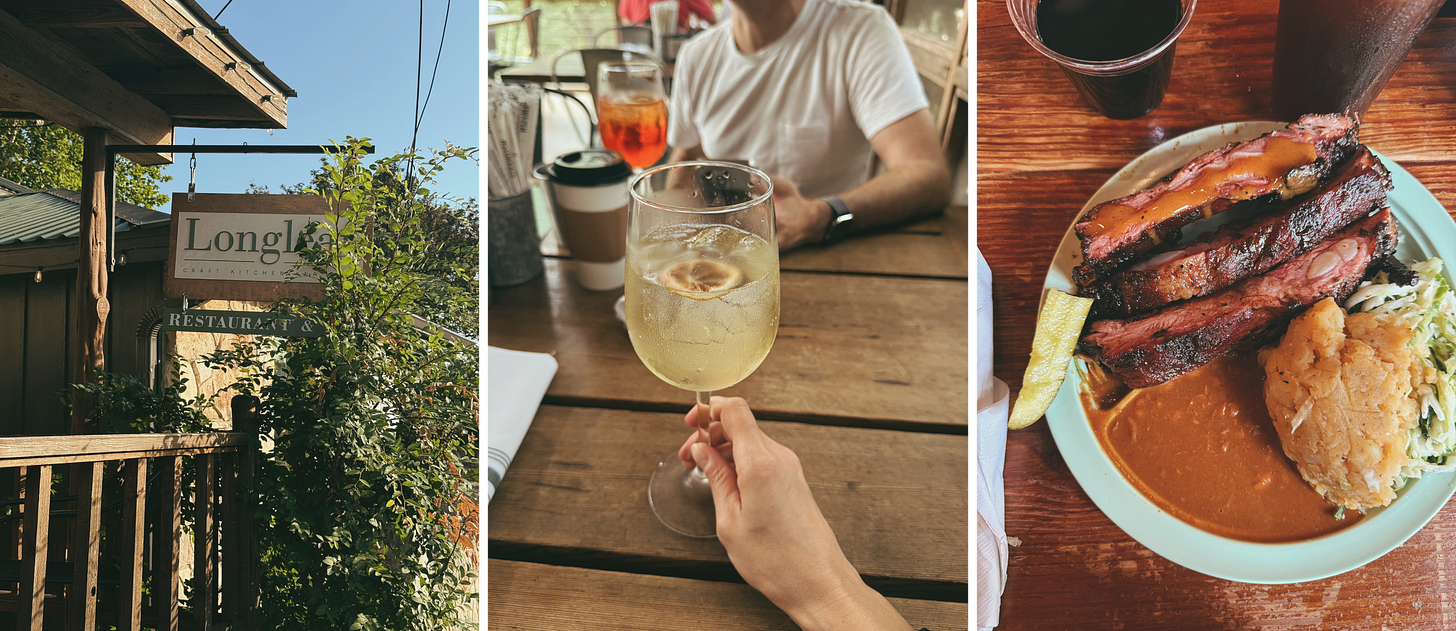 Longleaf Craft Kitchen and Bar, The Hugo Spritz at The Leaning Pear, and BBQ Pork Ribs at The Salt Lick