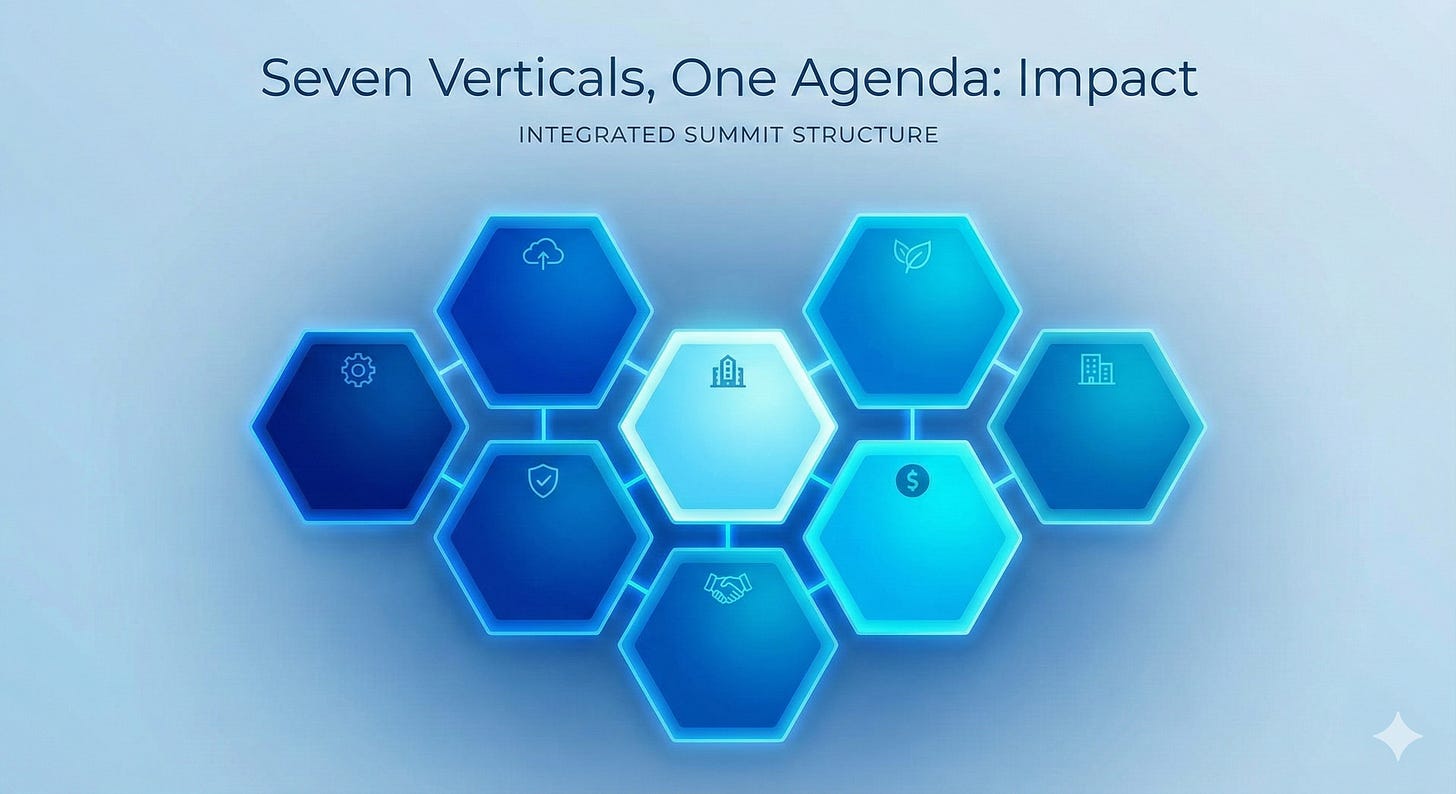 Seven connected hexagons representing the Impact Summit's integrated vertical structure