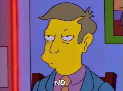 Seymour Skinner saying 'No' in front of the northern lights.
