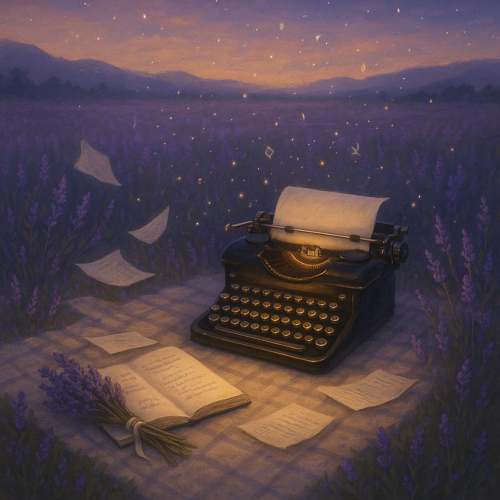 A glowing vintage typewriter sits on a soft checkered blanket nestled in the middle of a blooming lavender field at twilight. An open notebook and scattered pages rest nearby, alongside a tied bundle of lavender. Magical sparkles and paper fragments float gently in the air, illuminated by the fading sun and the first stars of evening. The distant hills are shrouded in lavender mist, evoking a whimsical, contemplative atmosphere perfect for writing and dreaming. A glowing vintage typewriter sits on a soft checkered blanket nestled in the middle of a blooming lavender field at twilight. An open notebook and scattered pages rest nearby, alongside a tied bundle of lavender. Magical sparkles and paper fragments float gently in the air, illuminated by the fading sun and the first stars of evening. The distant hills are shrouded in lavender mist, evoking a whimsical, contemplative atmosphere perfect for writing and dreaming.