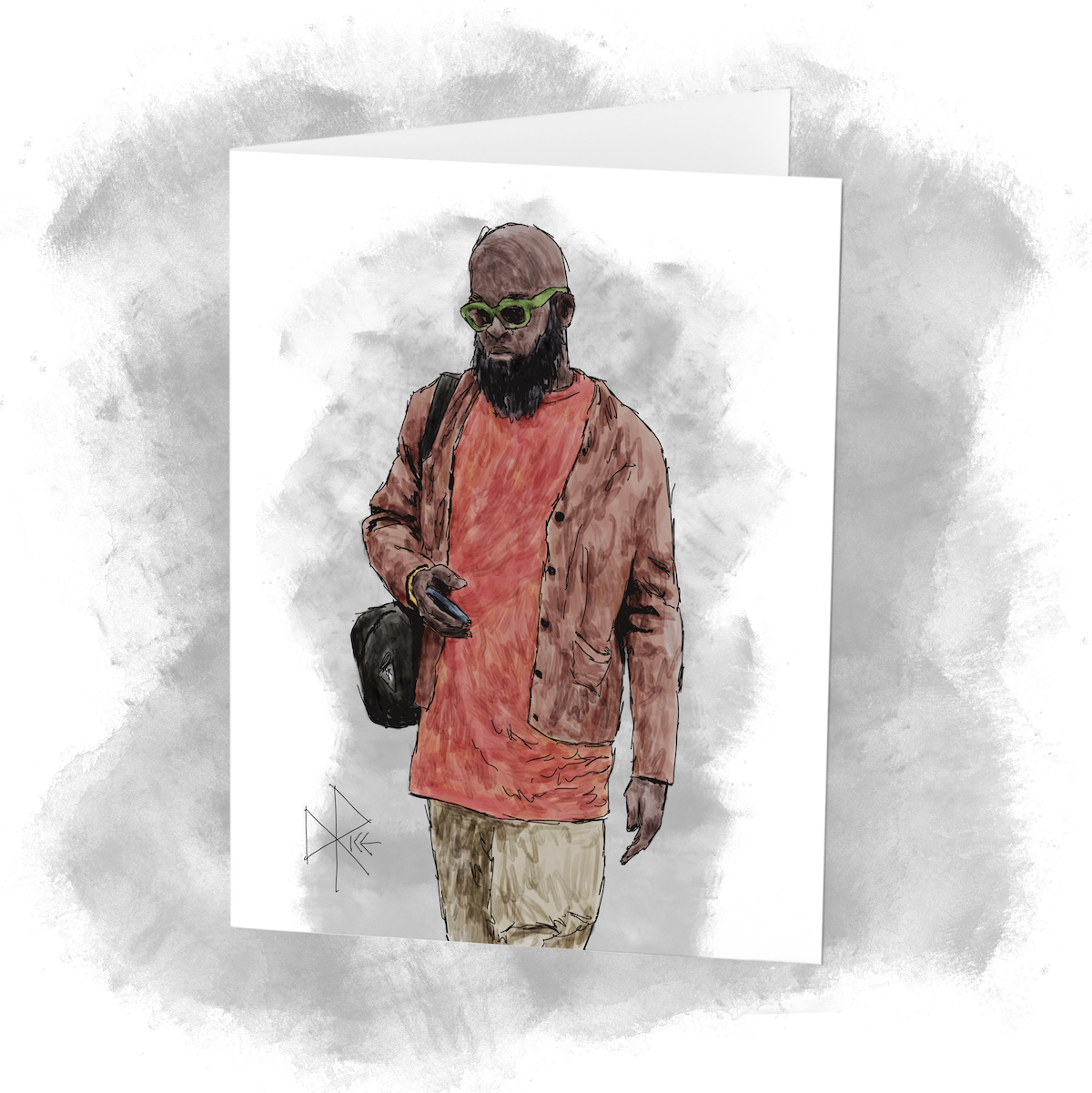 A bearded man holds his phone as he stands in his cardigan and green rimmed sunglasses, waiting on the next bus. Sketch art by Don Rice.