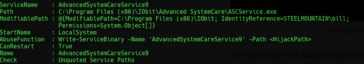 Terminal output of a service with CanRestart as true and an unquoted path.