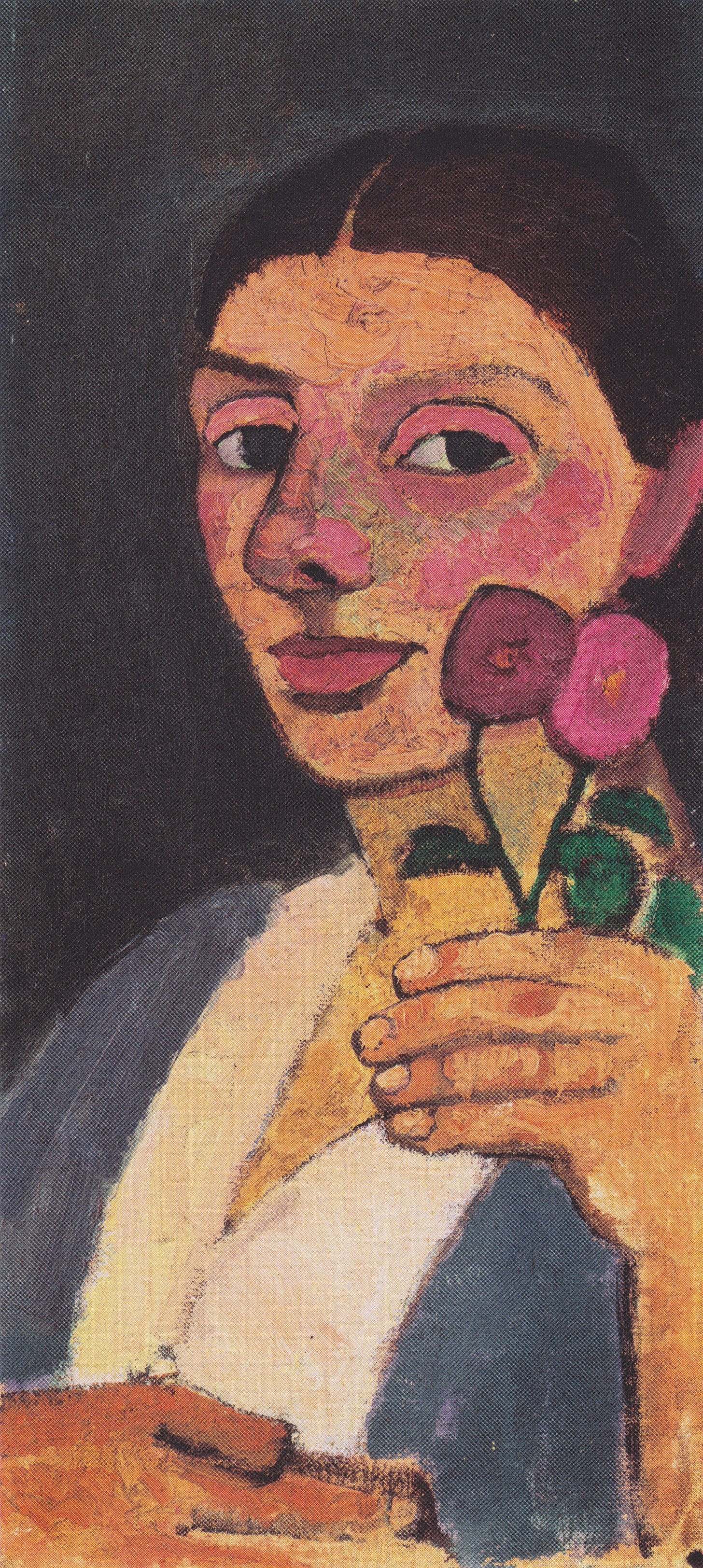 A pregnant woman painted in earthy tones holds two small flowers up in her left hand, her right hand resting on her belly. A pregnant woman painted in earthy tones holds two small flowers up in her left hand, her right hand resting on her belly.