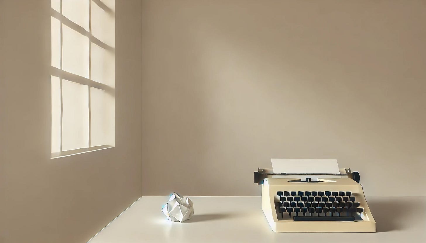 A minimalist illustration of a single typewriter on a blank table in an empty room. A crumpled paper ball rests beside the typewriter. Soft light filters through a nearby window, casting faint shadows, symbolizing the solitude and quiet challenge of writing a first book.