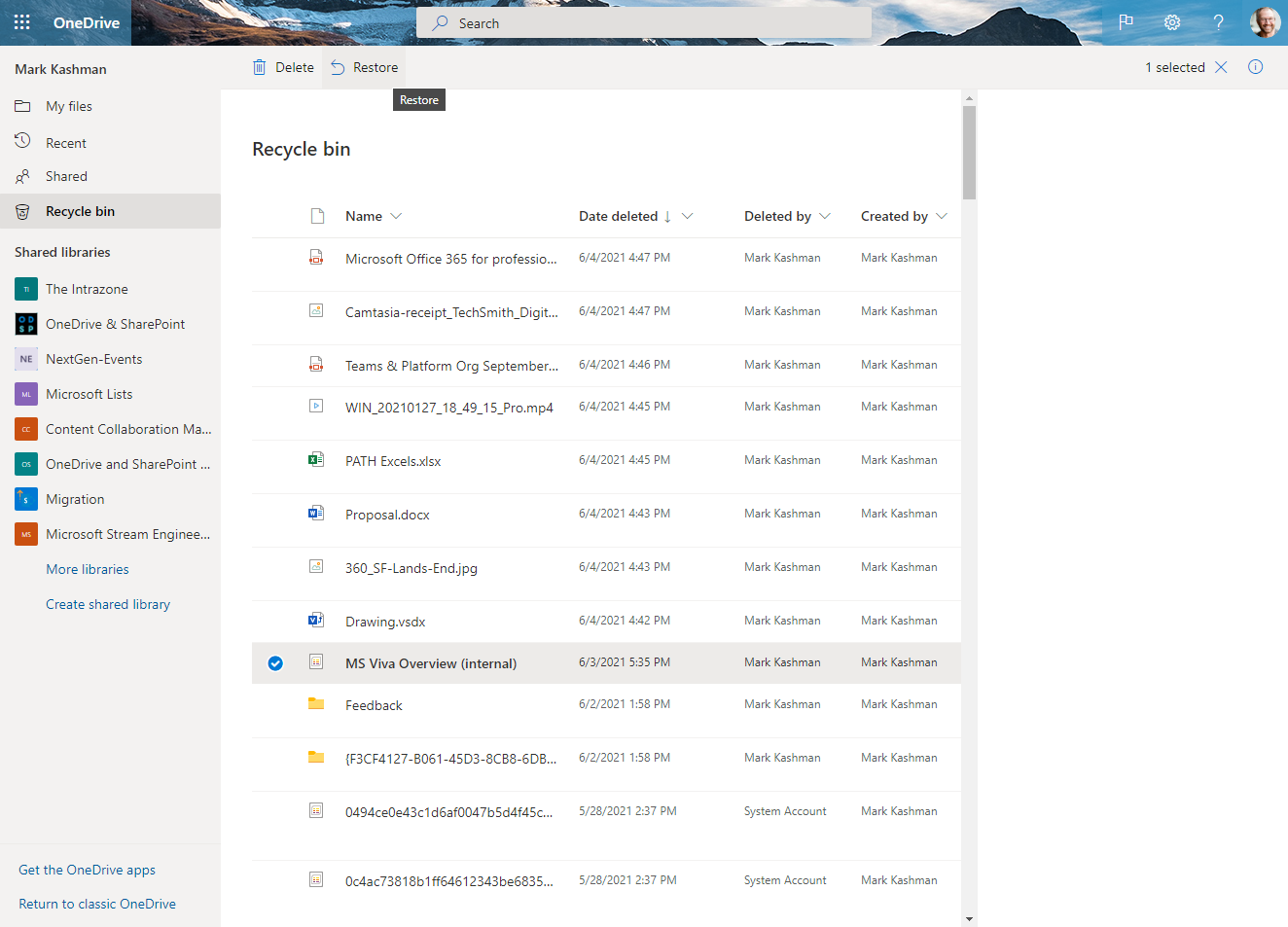 Click into the Recycle bin to restore files and lists items from OneDrive (pictured), SharePoint and Teams in Microsoft 365. Click into the Recycle bin to restore files and lists items from OneDrive (pictured), SharePoint and Teams in Microsoft 365.