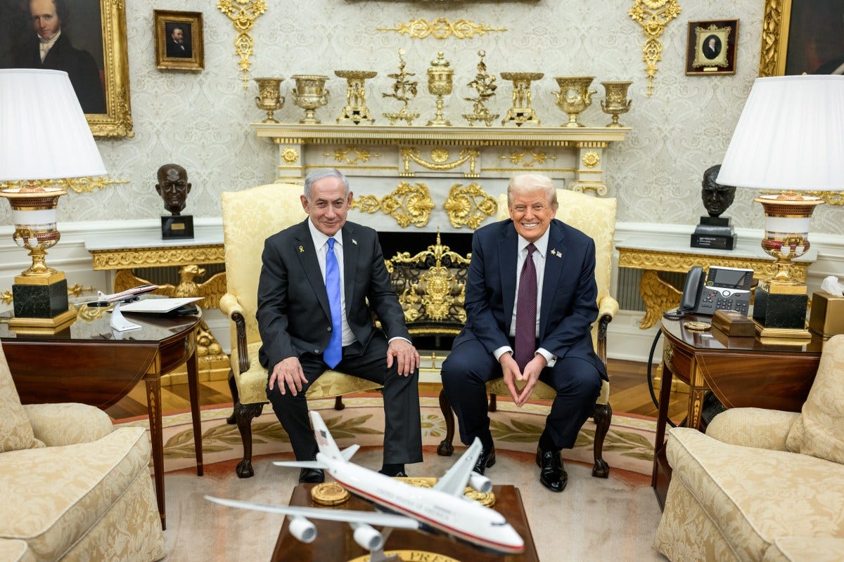 President Donald Trump poses for a photo with Israeli Prime Minister Benjamin Netanyahu in the Oval Office after a joint press conference announcing the U.S. peace plan for Gaza, Monday, September 29, 2025. (Official White House Photo by Daniel Torok)