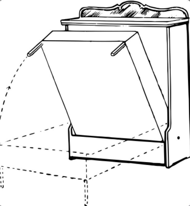 a diagram of a fold away bed, also known as a murphy bed, with dotted lines showing how the bed folds out from an ornate looking cupboard frame a diagram of a fold away bed, also known as a murphy bed, with dotted lines showing how the bed folds out from an ornate looking cupboard frame