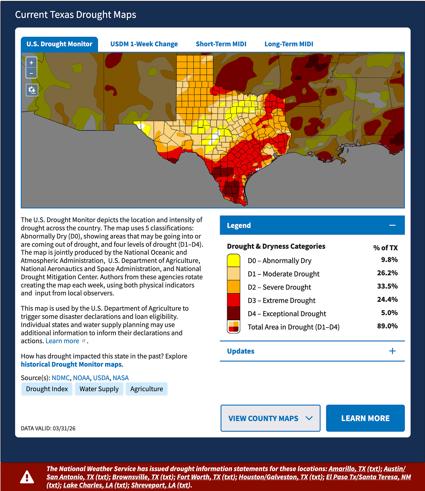 Texas drought map, southern region level 3 and 4.