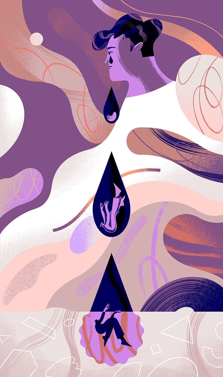A tall purple figure with short black hair cries three teardrops that each hold the outline of a person falling. The future wears a white shirt and is surrounded by abstract squiggles and lines that are purple, white, orange, and beige A tall purple figure with short black hair cries three teardrops that each hold the outline of a person falling. The future wears a white shirt and is surrounded by abstract squiggles and lines that are purple, white, orange, and beige