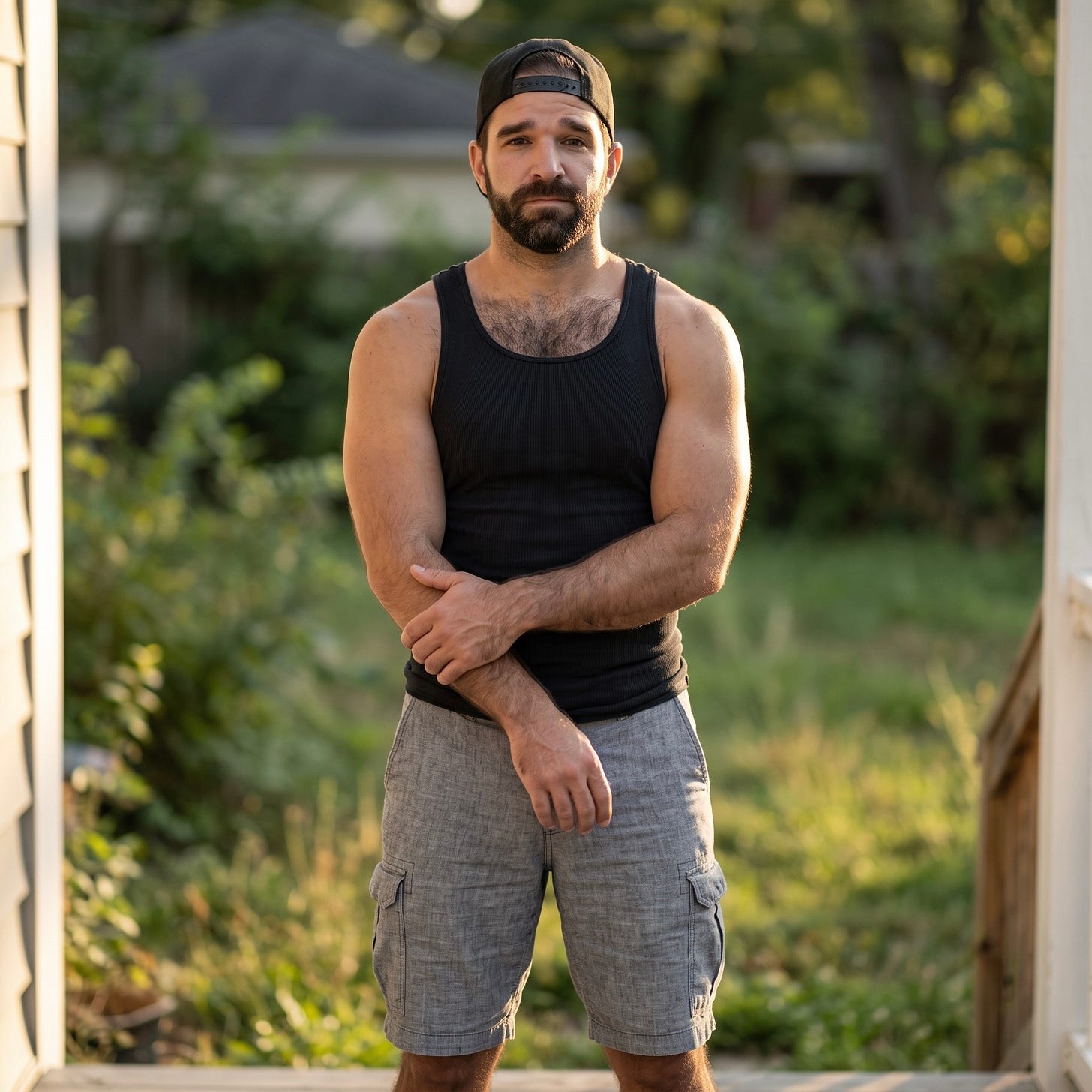 Mitch kneels in dry, cracked backyard dirt, pulling a tall, brittle dead weed up by its roots to clear space for a new garden. Mitch kneels in dry, cracked backyard dirt, pulling a tall, brittle dead weed up by its roots to clear space for a new garden.