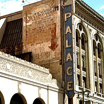 Photos of interiors and exteriors of historic theaters on Broadway in Los Angeles