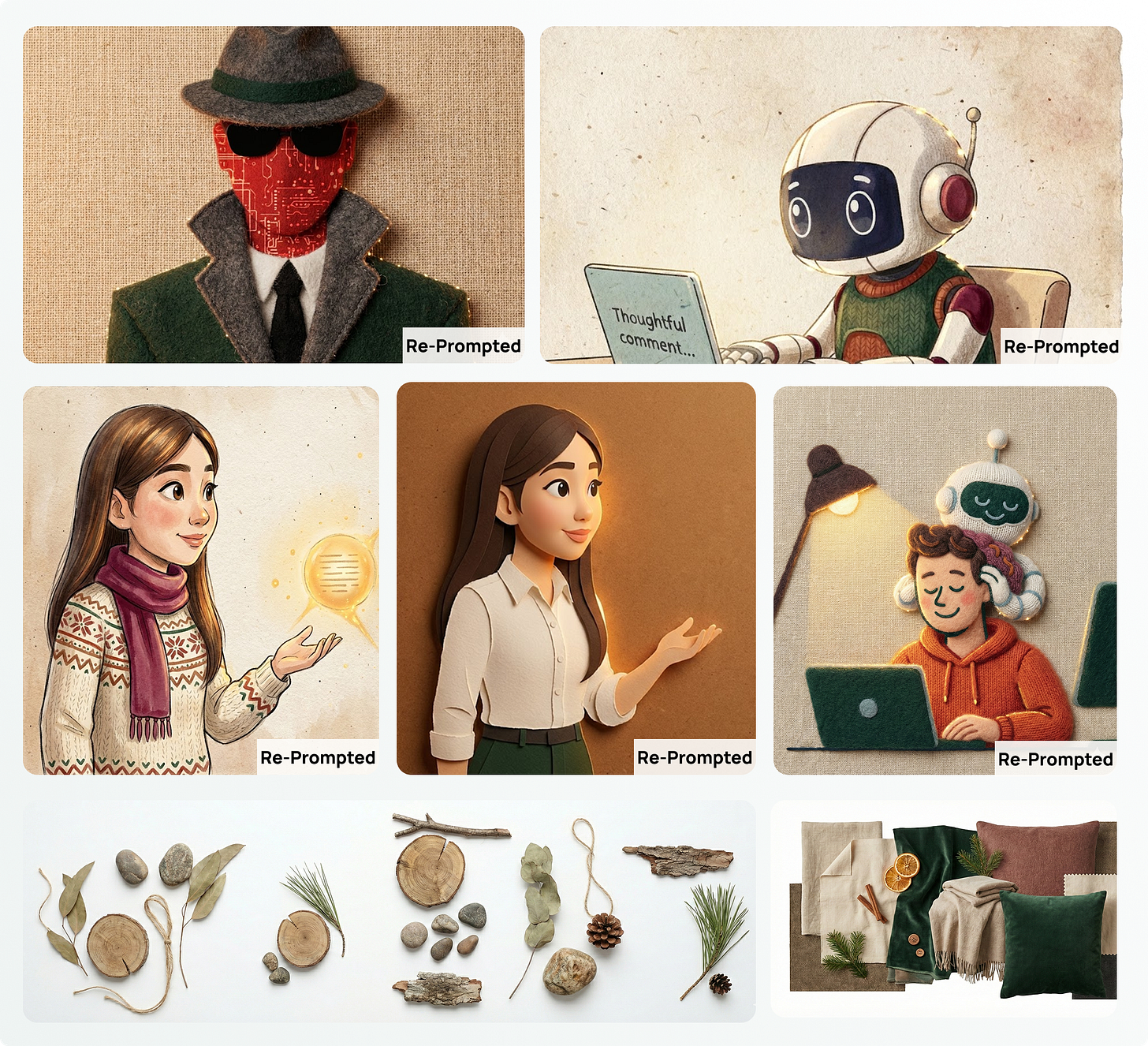 This moodboard, created by Karo from Product with Attitude, displays a set of transformations generated with Nano Banana’s cosy Christmas prompt system. The images include side-by-side or standalone restyled characters showcasing felt-craft textures, paper-cut construction, knitted details, and hygge-inspired lighting.  Across the top row are two cosy re-prompted characters: a wool-and-felt detective with a circuit-board face, a knitted sweater robot at a laptop, and a fibre-textured character enjoying a head massage from a plush robot. The middle row includes a hand-drawn winter illustration of a girl in a Nordic sweater, a 3D-to-paper transformation of a woman in profile, and a felt-crafted laptop worker. The bottom row presents two texture reference panels: natural materials like wood slices, stones, pine needles, and bark, and another of winter textiles such as wool, velvet, linen, and cosy throw blankets. Together, the moodboard visually represents Karo’s “cosy aesthetic system” — a framework of tactile materials, warm lighting, natural imperfection, and Nordic minimalism for AI-assisted Christmas visuals.