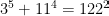 3^{5}+11^{4} =122^{2}