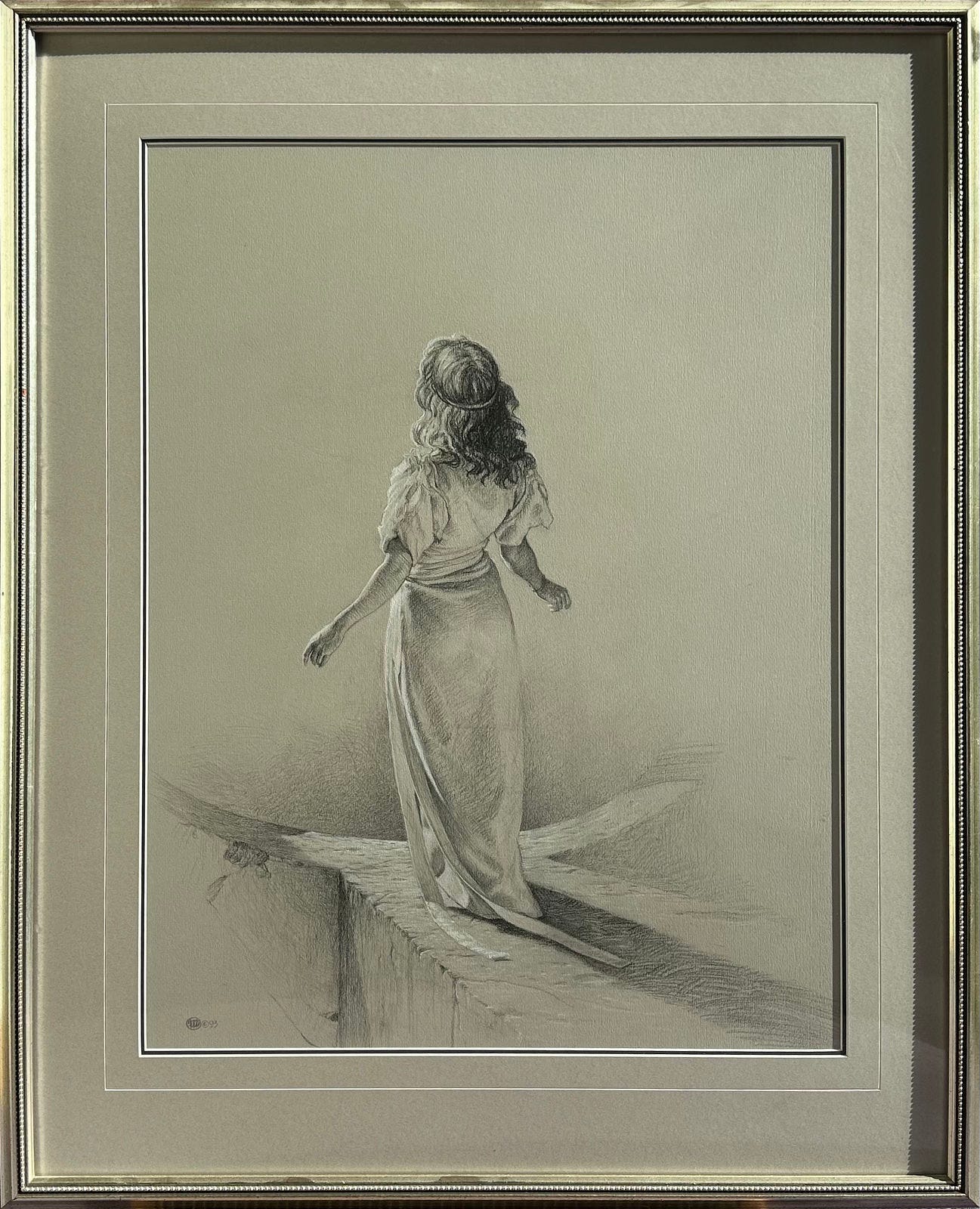 Figure study for ARRIVAL. Charcoal on Pastel Paper - 24” x 18”. Original art custom-framed in conservation mats with decorative v-groove under archival plexiglass and silver wood moulding.  Viewed from above and behind a woman in white gown with short sleeves stands at the end of a concrete walkway looking out. Her arms are at her side and angled down away from her side, signaling hesitation and awe. Her shadows is cast behind her on the textured concrete.