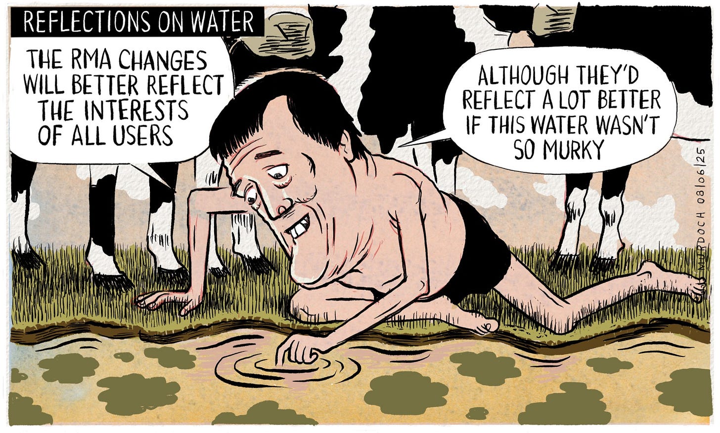 Cartoon. Title: Reflections on Water. The picture shows MP Chris Bishop, like Narcissus, gazing adoringly into a pond, with cows in the background. He’s saying, “The RMA changes will better reflect the interests of all users. Although they’d reflect a lot better if this water wasn’t so murky.”