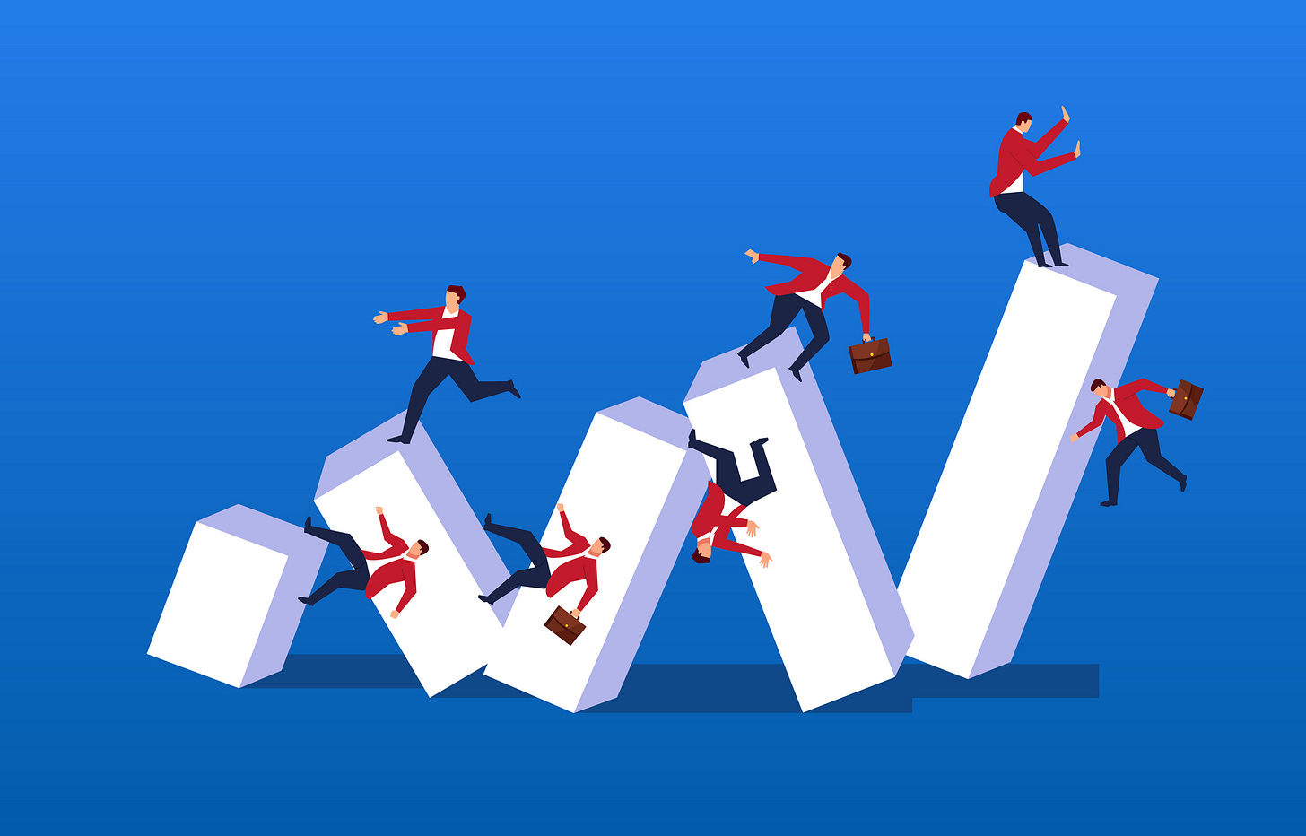 Illustration of businessmen falling off stock bars