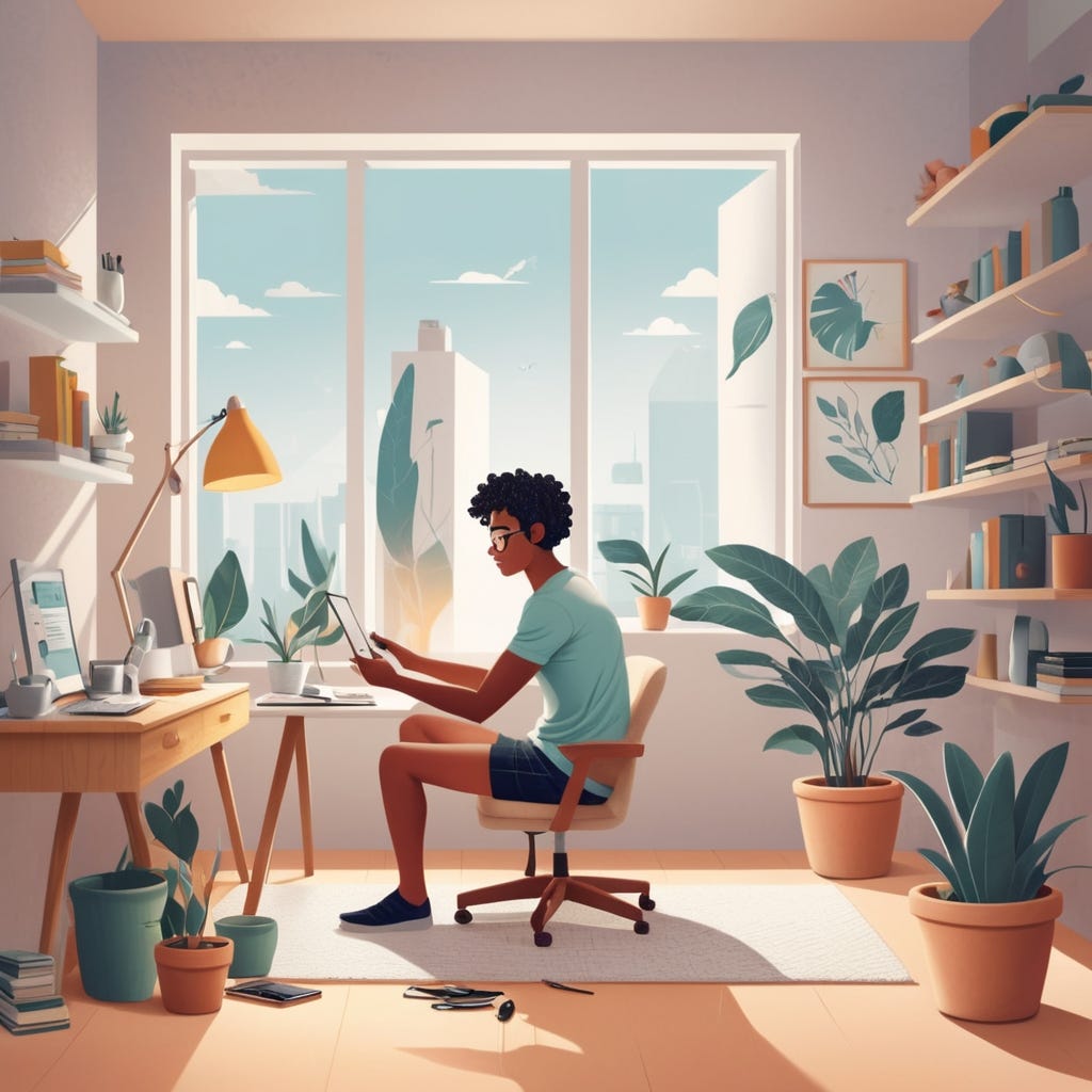 Give me a picture for a newsletter titled: The Calm of Routine. Depict a white male doing the same daily routine and enjoying it.