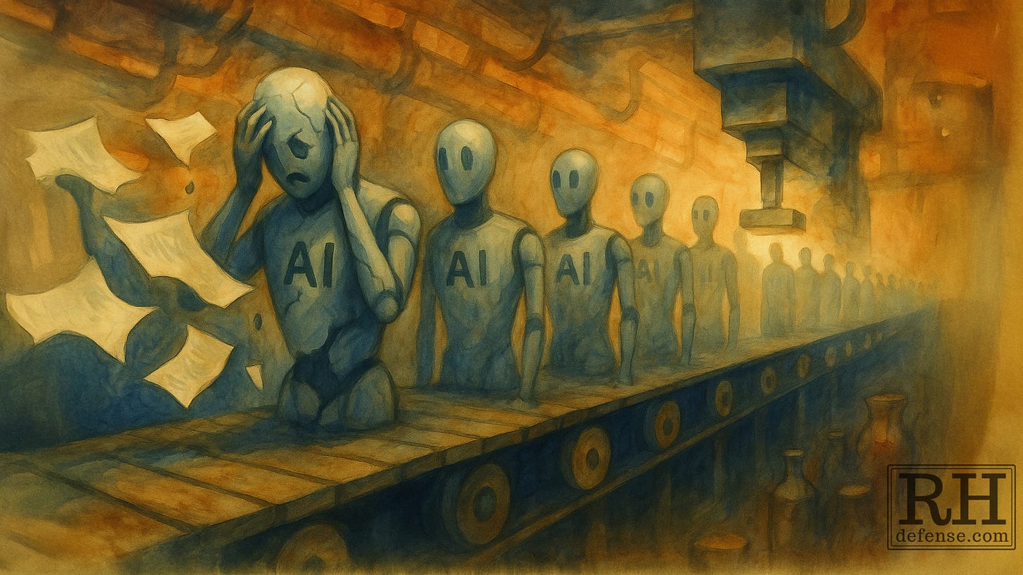 Watercolor/oil dystopian illustration of AI factory assembly line, broken mannequin holding its head in failure, symbolizing mass-produced artificial intelligence and collapse of craftsmanship