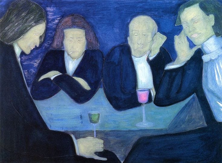This may contain: three people sitting at a table with a wine glass in front of them and one person holding a drink