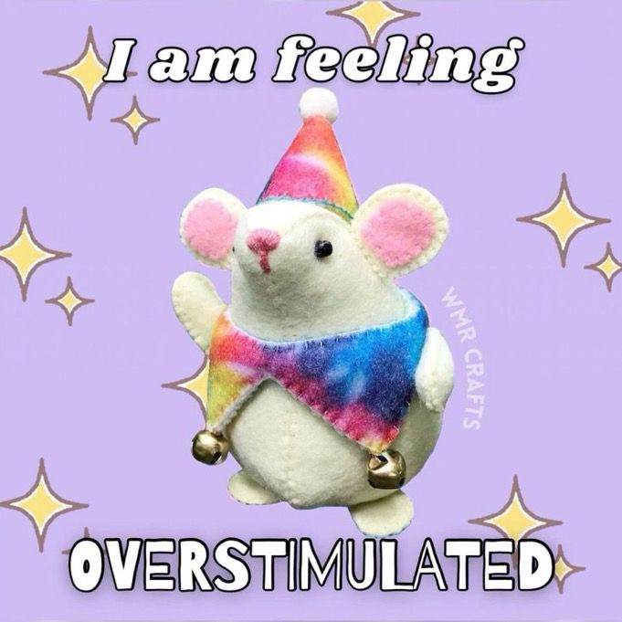 This may contain: a stuffed animal with a birthday hat on it's head and the caption i am feeling overstimulated