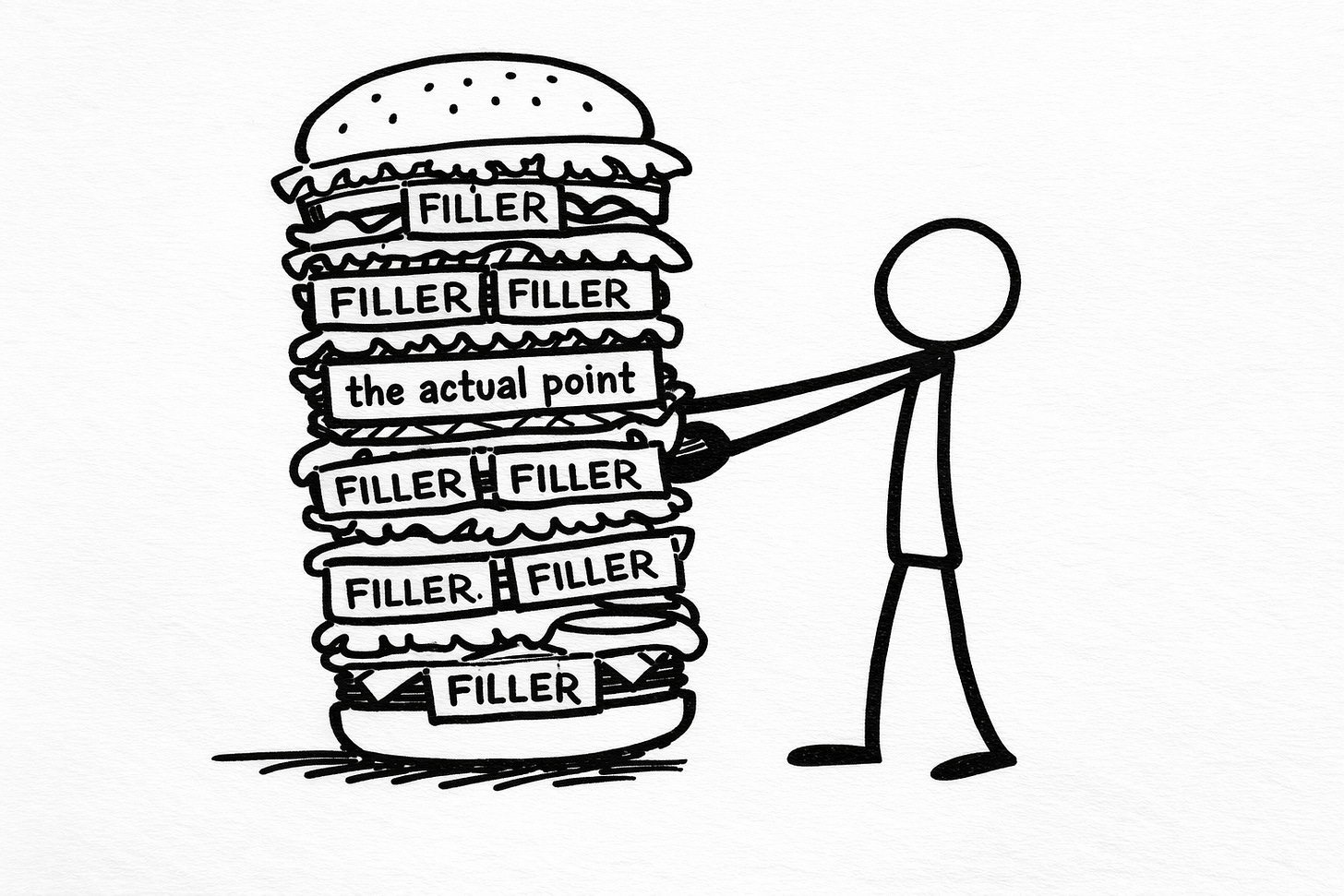 Hand-drawn black Sharpie illustration of a stick figure holding an oversized hamburger stacked with multiple layers labeled “filler,” surrounding a thin center layer labeled “the actual point,” representing a bloated 1,500-word draft padded with unnecessary examples and metaphors to protect a smaller core idea.