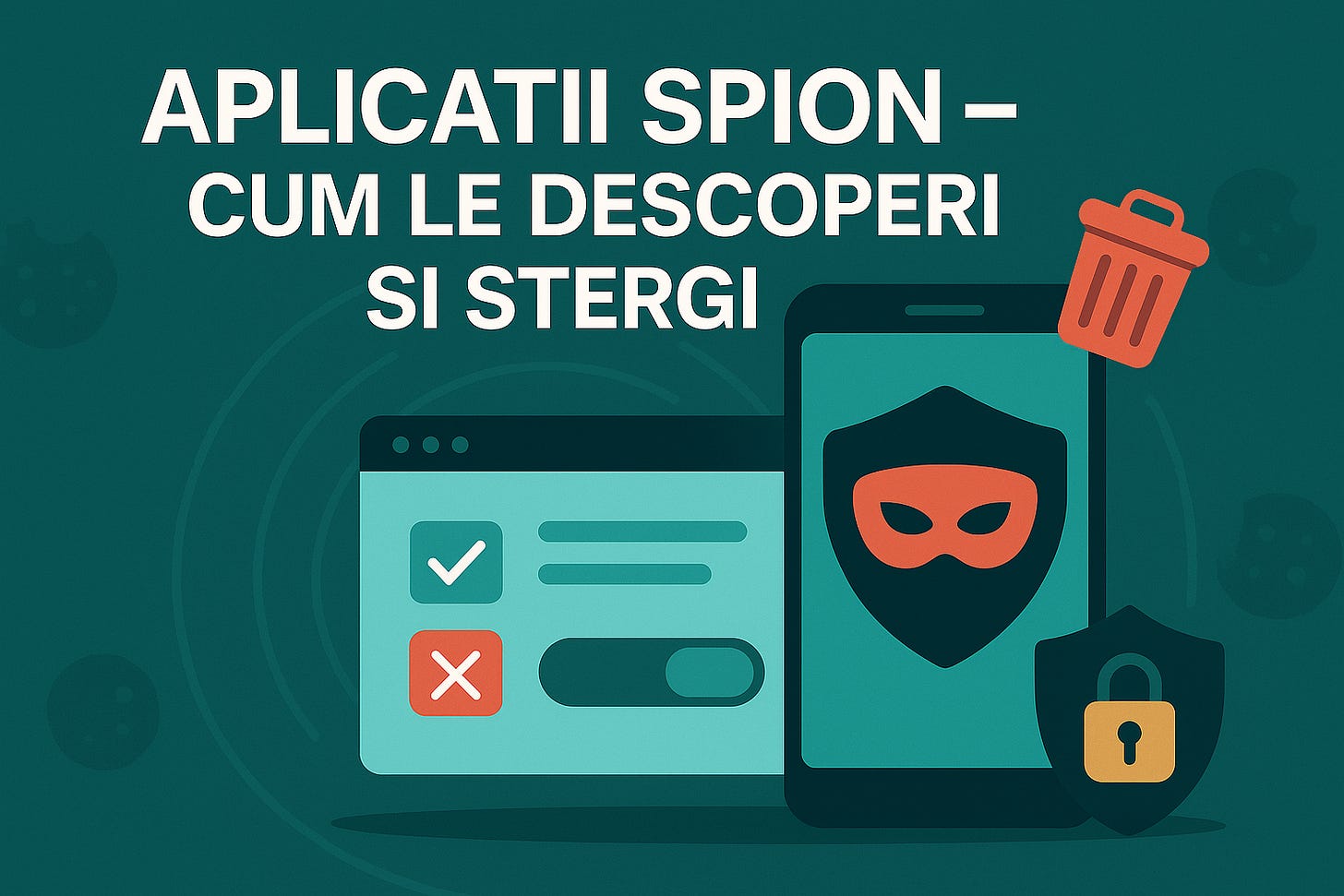 Ilustrație vectorială flat 16 : 9, gradient teal închis; titlul alb fără diacritice «APLICATII SPION – CUM LE DESCOPERI SI STERGI». În dreapta, un smartphone afișează o mască roșie (simbol spion) peste un scut închis; deasupra plutește un coș de gunoi portocaliu. În stânga, o fereastră cu butoane verificare/respinge și comutator; pe fundal se văd unde radar subtile și un scut cu lacăt – stil minimal, contrast puternic, atmosferă de avertizare.