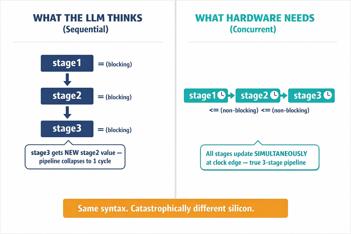 Side-by-side comparison showing how an LLM's sequential bias causes it to misinterpret concurrent hardware execution, using the blocking vs non-blocking assignment example from the article.