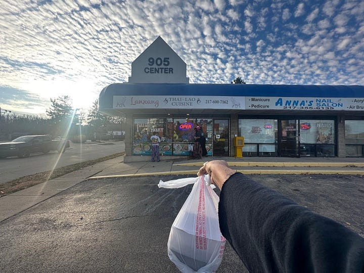 L to R: two individuals smiling and waving  in the sun as they paint a restaurant window; a take out bag being held by an outstretched arm with a restaurant in the background.