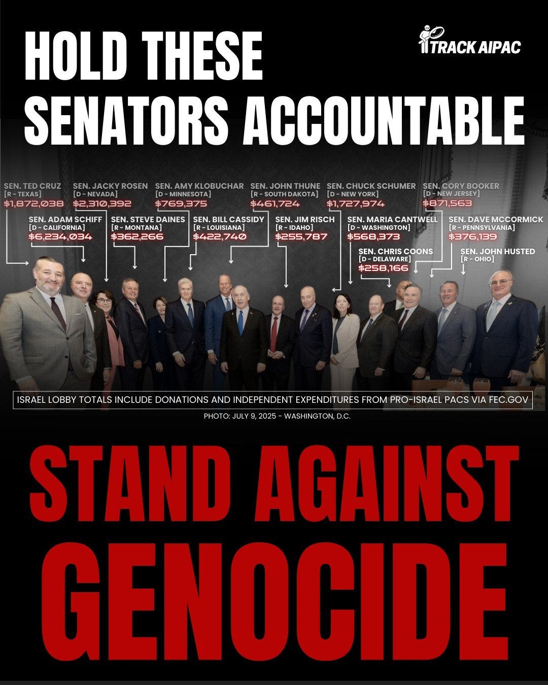 Fourteen U.S. Senators recently stood shoulder to shoulder, grinning in front of the cameras with Benjamin Netanyahu, a man wanted by the International Criminal Court for war crimes.

Ted Cruz. Adam Schiff. Jacky Rosen. Steve Daines. Amy Klobuchar. B