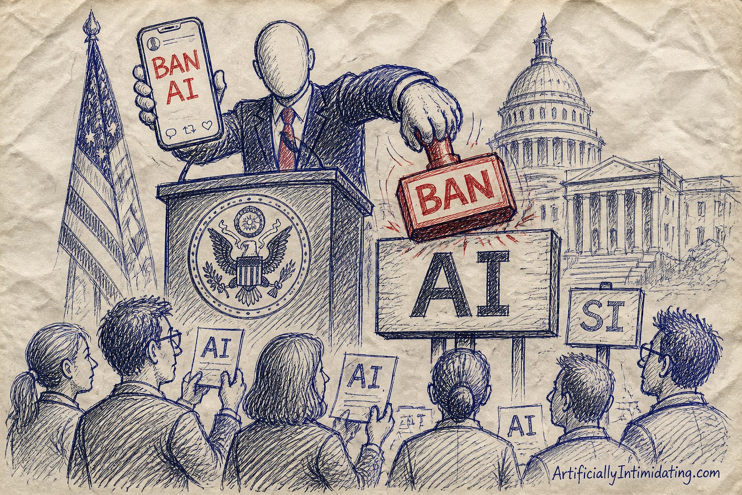 At a podium bearing the Great Seal of the United States, with a flag and the Capitol behind, a faceless suited official holds up a phone showing BAN AI while a giant red BAN stamp comes down on a signpost reading AI beside a smaller sign reading SI, as a crowd holds up papers reading AI.