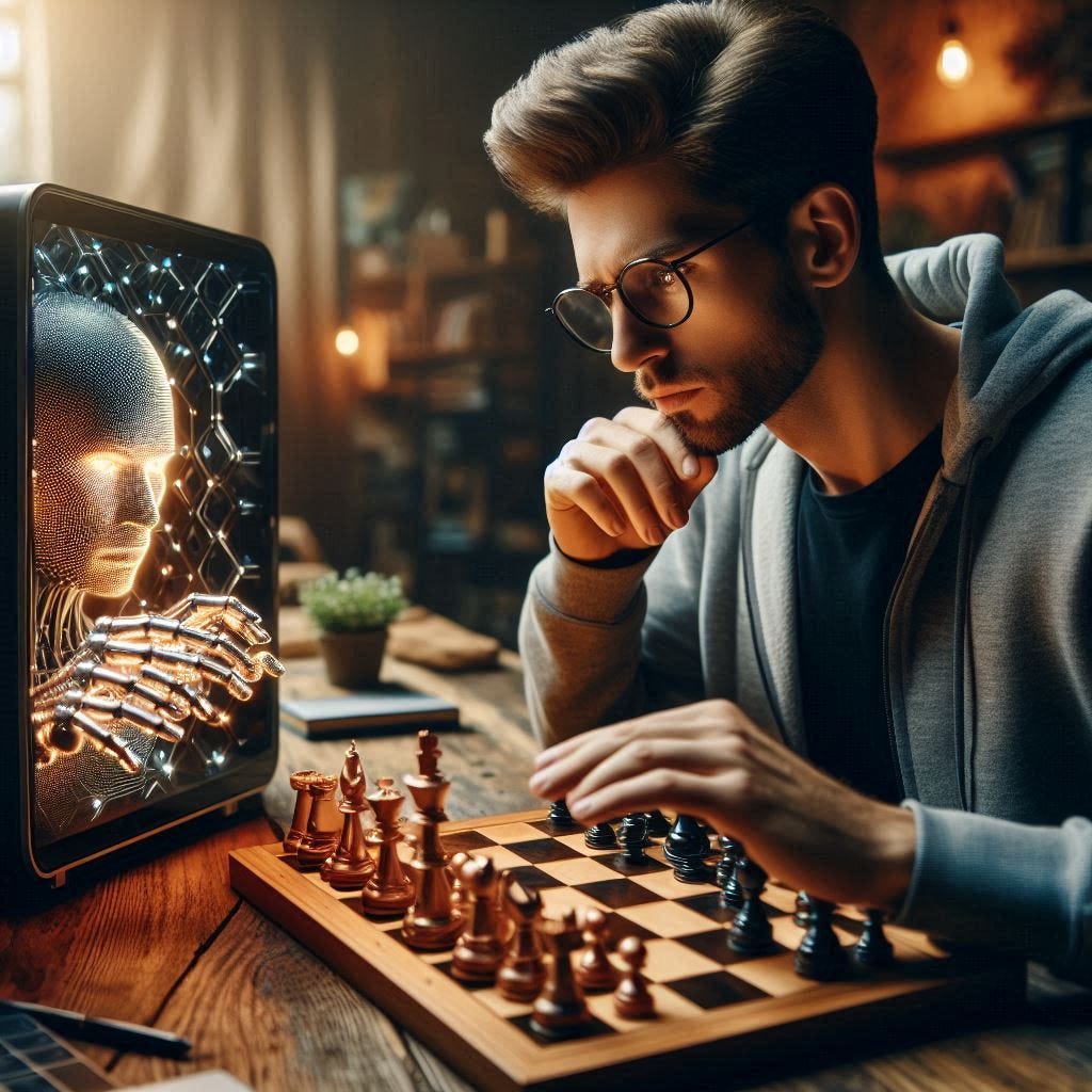 a human playing chess against a computer
