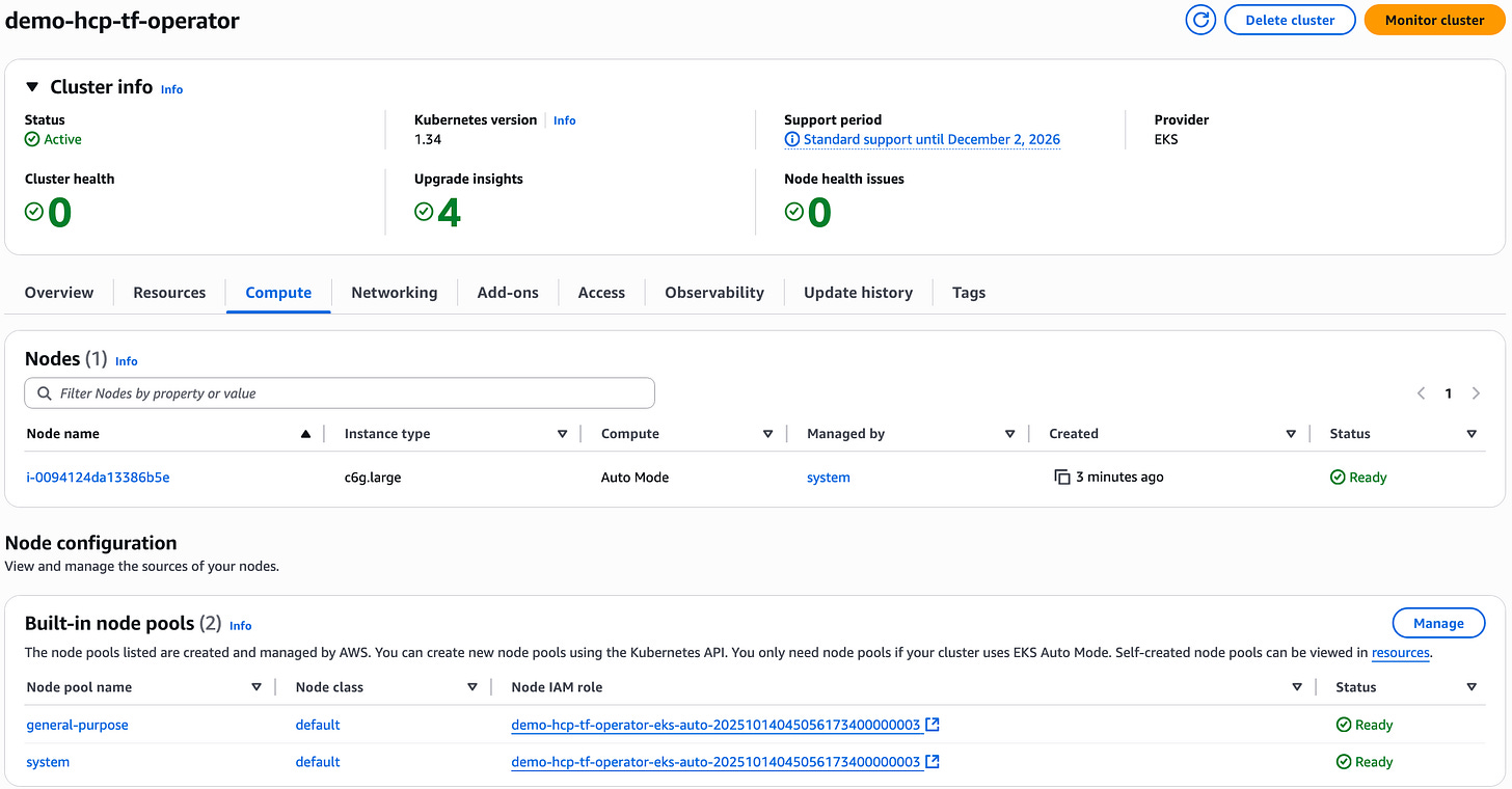 EKS cluster compute configuration shows a node created EKS cluster compute configuration shows a node created