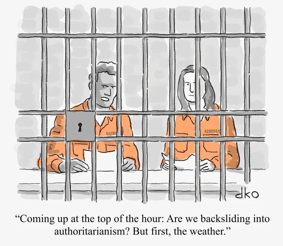 May be an image of text that says 'O0 ۱٤ 67250 62005670 62005670 dko "Coming up at the top of the hour: Are Arewe we backsliding into authoritarianism? But first, the weather."'